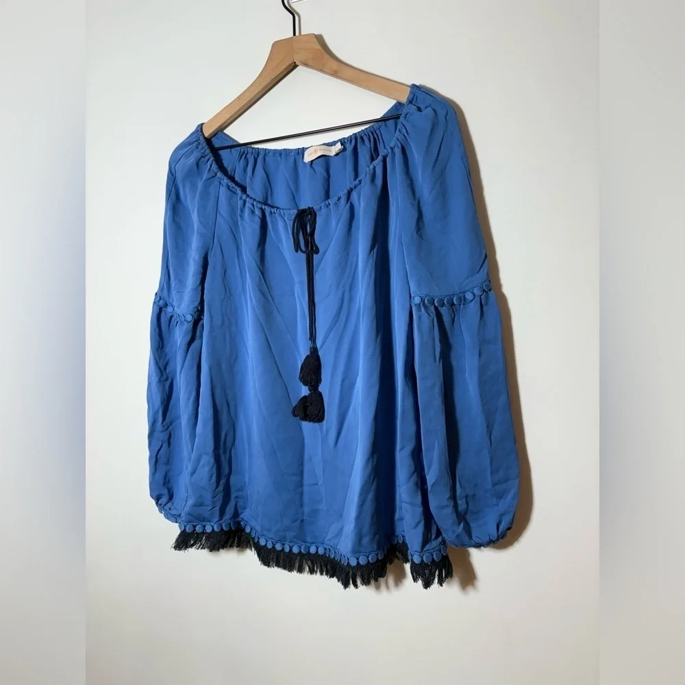 TORY BURCH Blue Silk Fringe Long Sleeves SYLVIE Blouse Size 4 $325